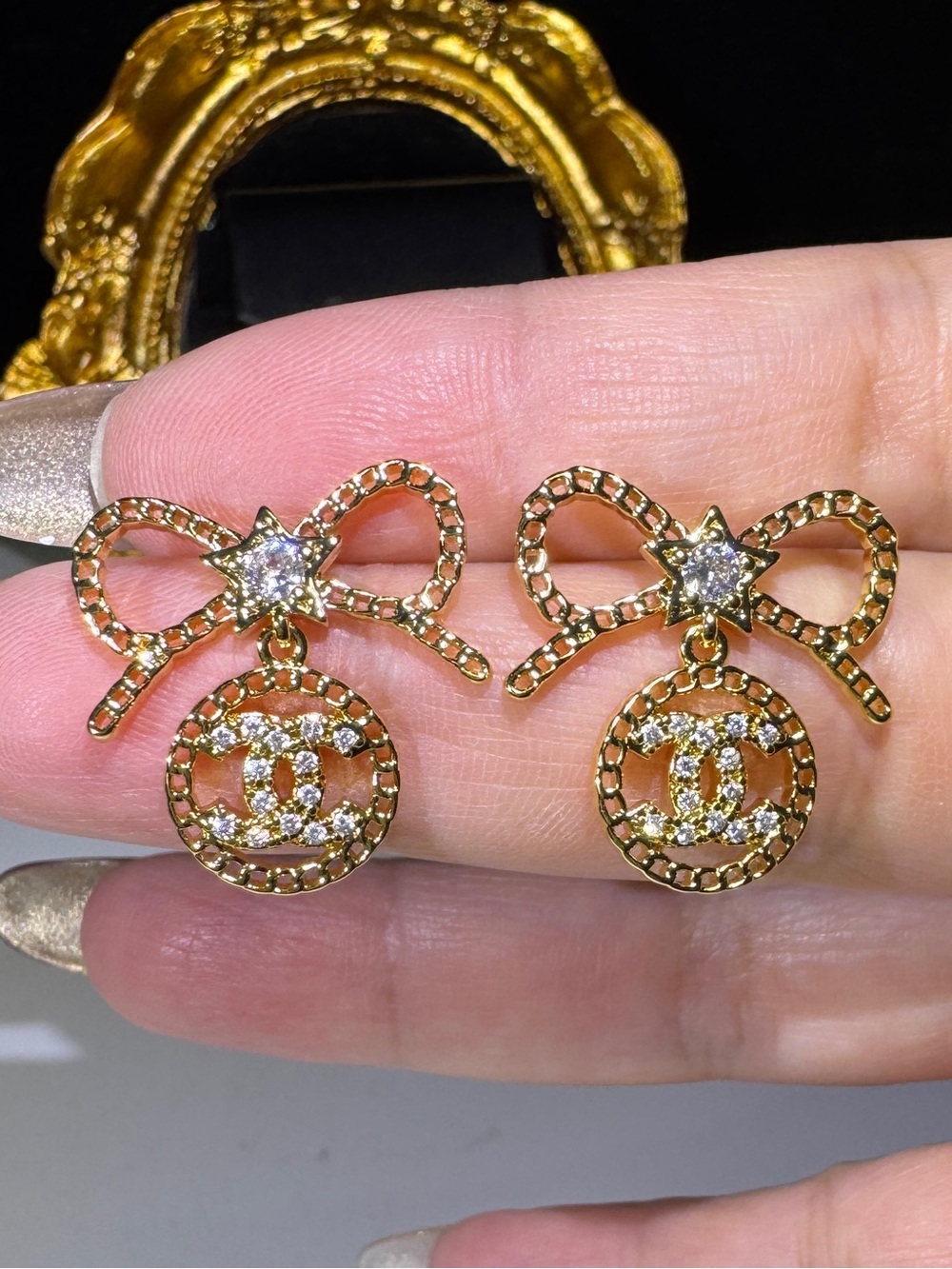 S925 Posts Gold Bow & Star Crystal Dangle Earrings